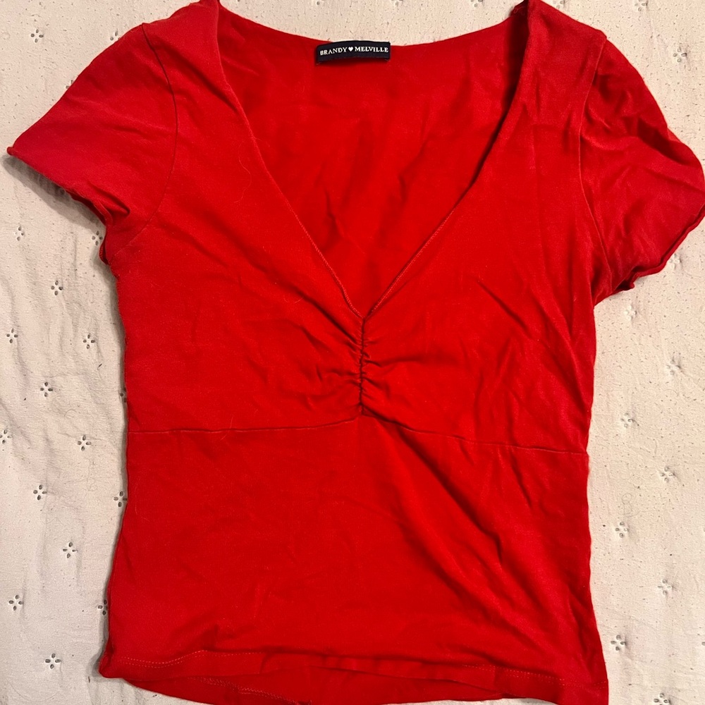 Brandy Melville Bright Red V-Neck Ruched Short Sleeve Top